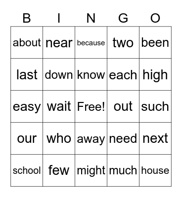 Snap Word Bingo Card