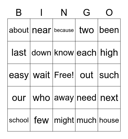 Snap Word Bingo Card
