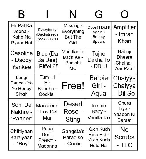 Bollywood/Hollywood Bingo Card