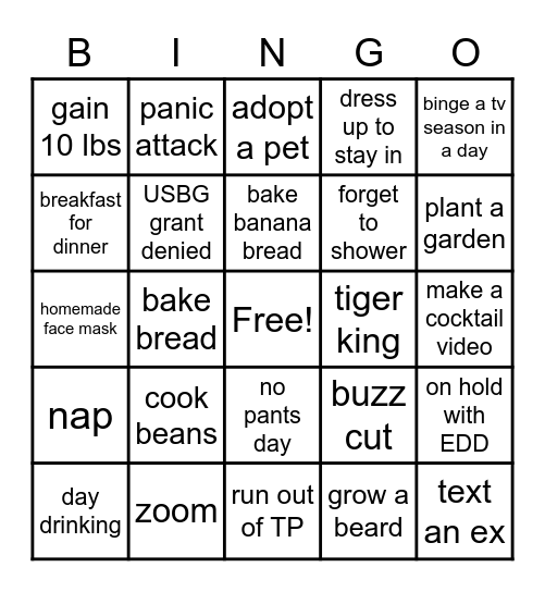 Bartender Quarantine Bingo Card