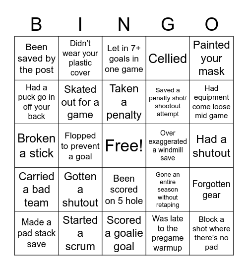 Hockey Bingo Goalie Edition Bingo Card