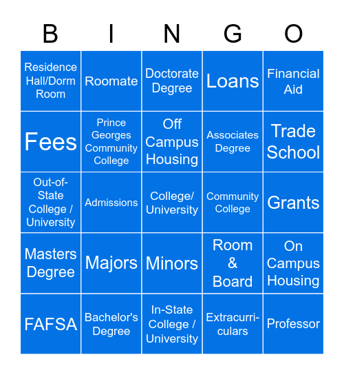 College Vocabulary Bingo Card