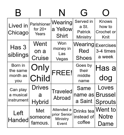 St. Patrick Catholic Community - Senior Ministry Bingo Card
