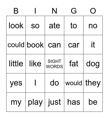 J sight word Bingo Card
