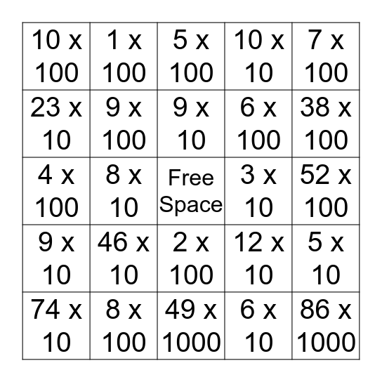 Multiplying by 10, 100, 100 Bingo Card