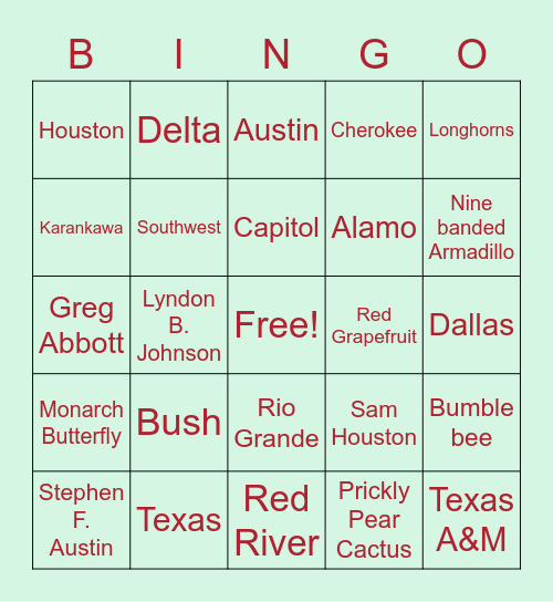 Vissa 10th Birthday Texas History & Facts Bingo Card