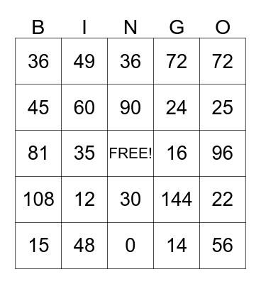 Multiplication Bingo Card