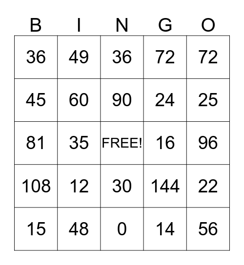 Multiplication Bingo Card