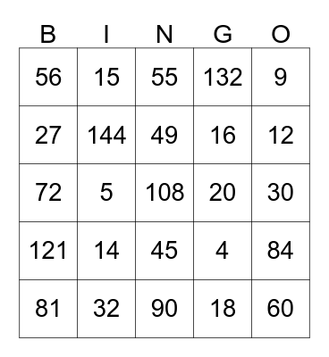 Multiplication Bingo Card