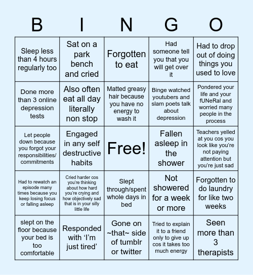 Clinical depression bingo fun Bingo Card