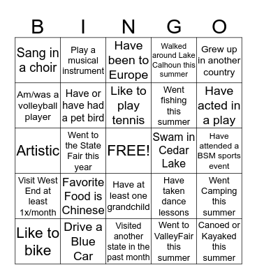 PCA Bingo Card