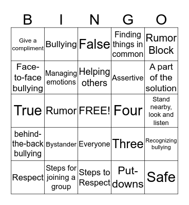 PTMS Anti- Bullying  Bingo Card
