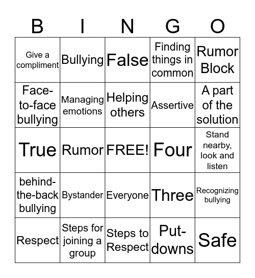 PTMS Anti- Bullying  Bingo Card