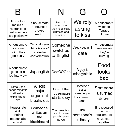 Terrace House Boys and Girls in the City, Part 2 Bingo Card