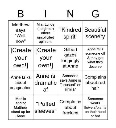 Anne with an E Bingo Card