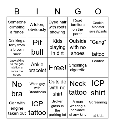 White Trash Bingo Card