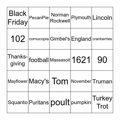 Thanksgiving BIngo Card