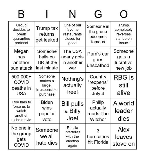 Everything Sucks 2020 Bingo Card