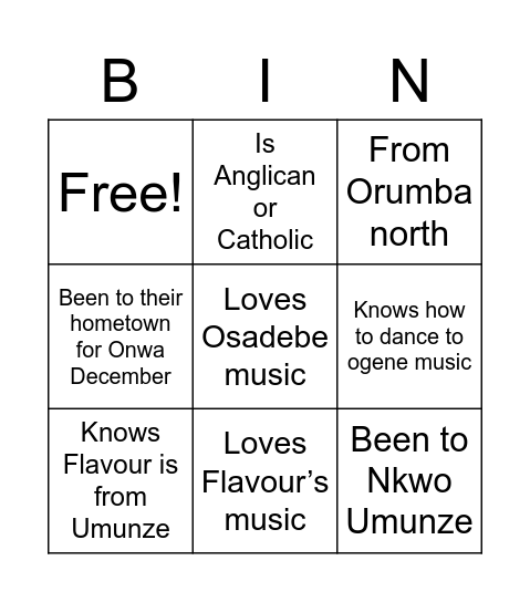 ORUMBA NORTH/SOUTH Bingo Card