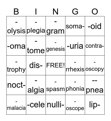 Medical Terminology Bingo Card