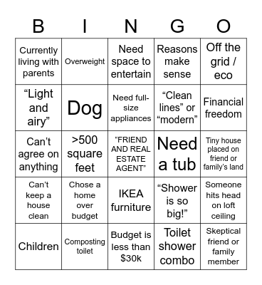 Tiny House Hunters Bingo Card