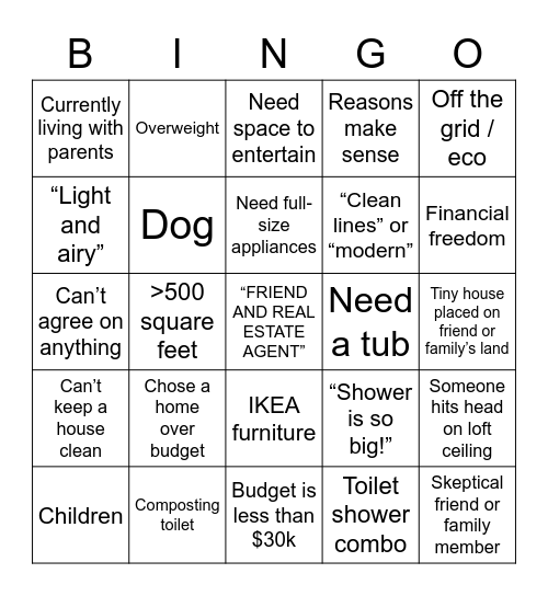 Tiny House Hunters Bingo Card