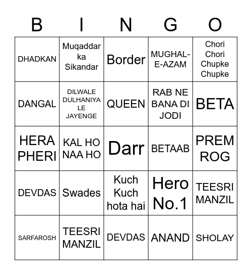 musical BOLLYWOOD Bingo Card