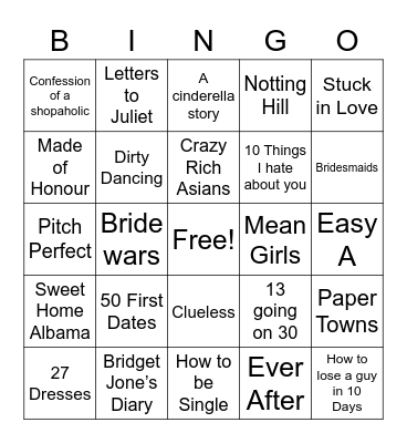 Chick Flick Movies Bingo Card