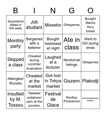 Year Abroad 2019/2020 Bingo Card