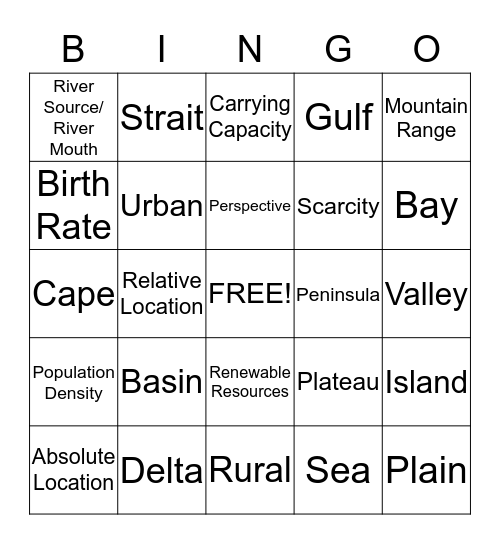 Geography Vocabulary Bingo Card