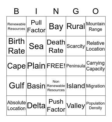 Geography Vocabulary Bingo Card