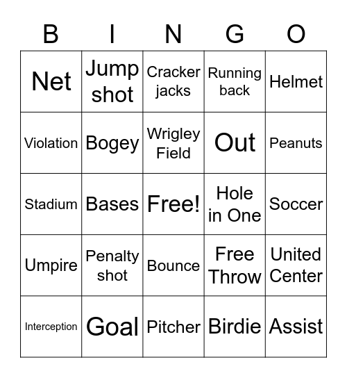 Sports Time Bingo Card