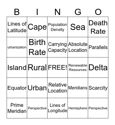 Geography Vocabulary Bingo Card