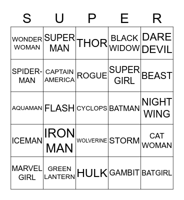 SUPERHEROES Bingo Card