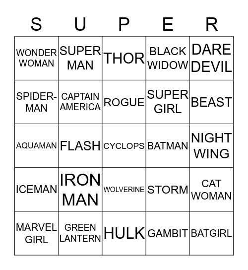 SUPERHEROES Bingo Card