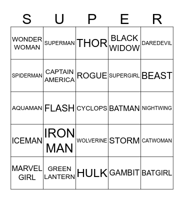 SUPERHEROES Bingo Card
