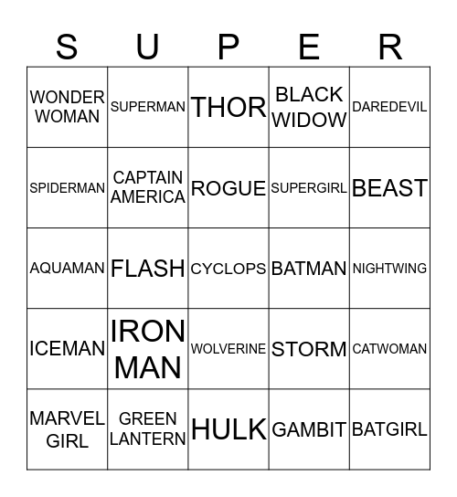 SUPERHEROES Bingo Card