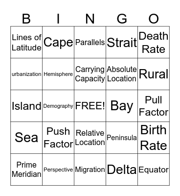 Geography Vocabulary Bingo Card