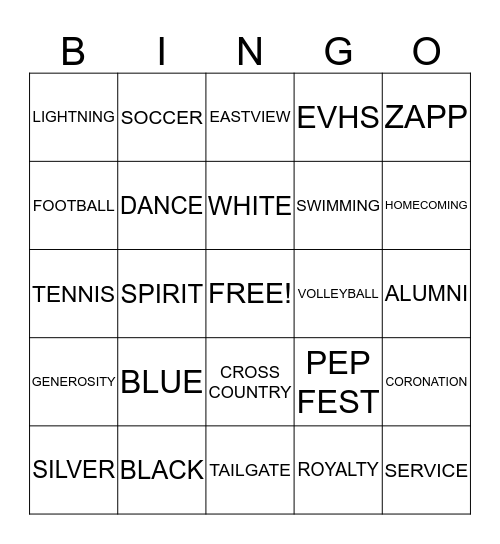 EVHS Homecoming BINGO Card