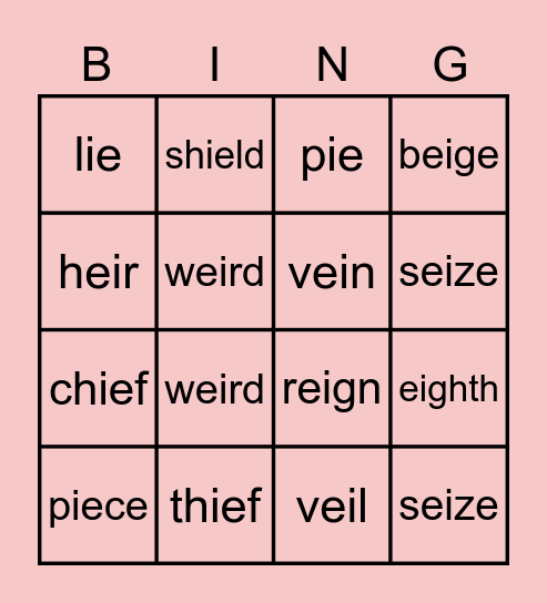 "ie" vs. "ei" Bingo Card
