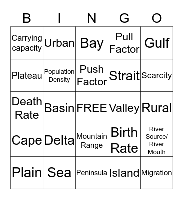 Geography Vocabulary Bingo Card