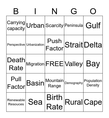 Geography Vocabulary Bingo Card