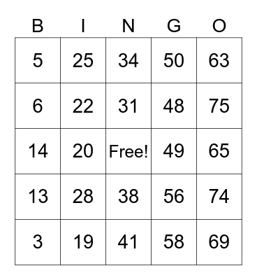 BINGO 1-75 Bingo Card