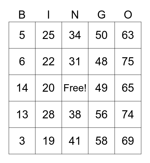 BINGO 1-75 Bingo Card