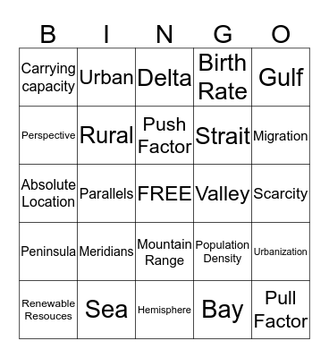 Geography Vocabulary Bingo Card