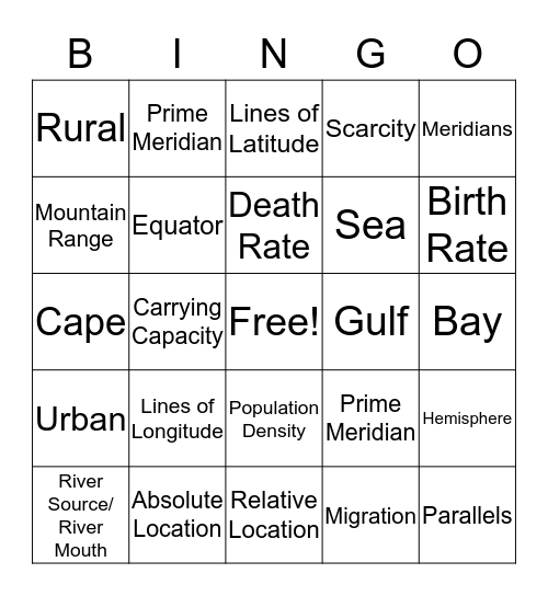 Geography Vocabulary Bingo Card
