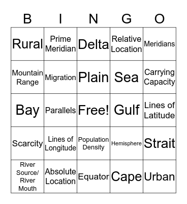 Geography Vocabulary Bingo Card