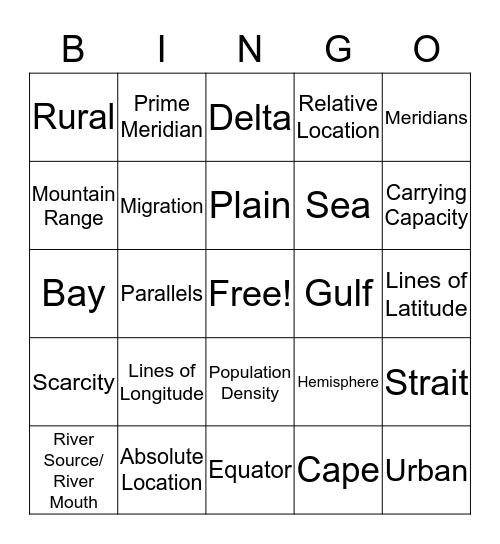 Geography Vocabulary Bingo Card