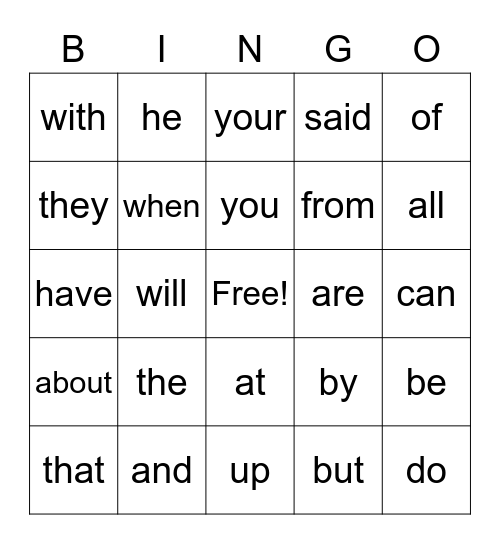 Sight Word Bingo Card