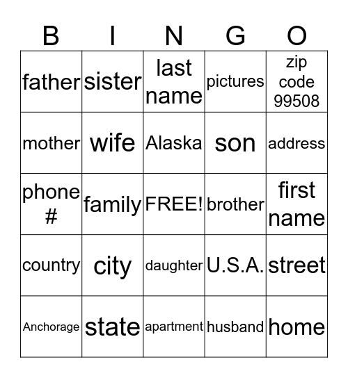 home & family Bingo Card